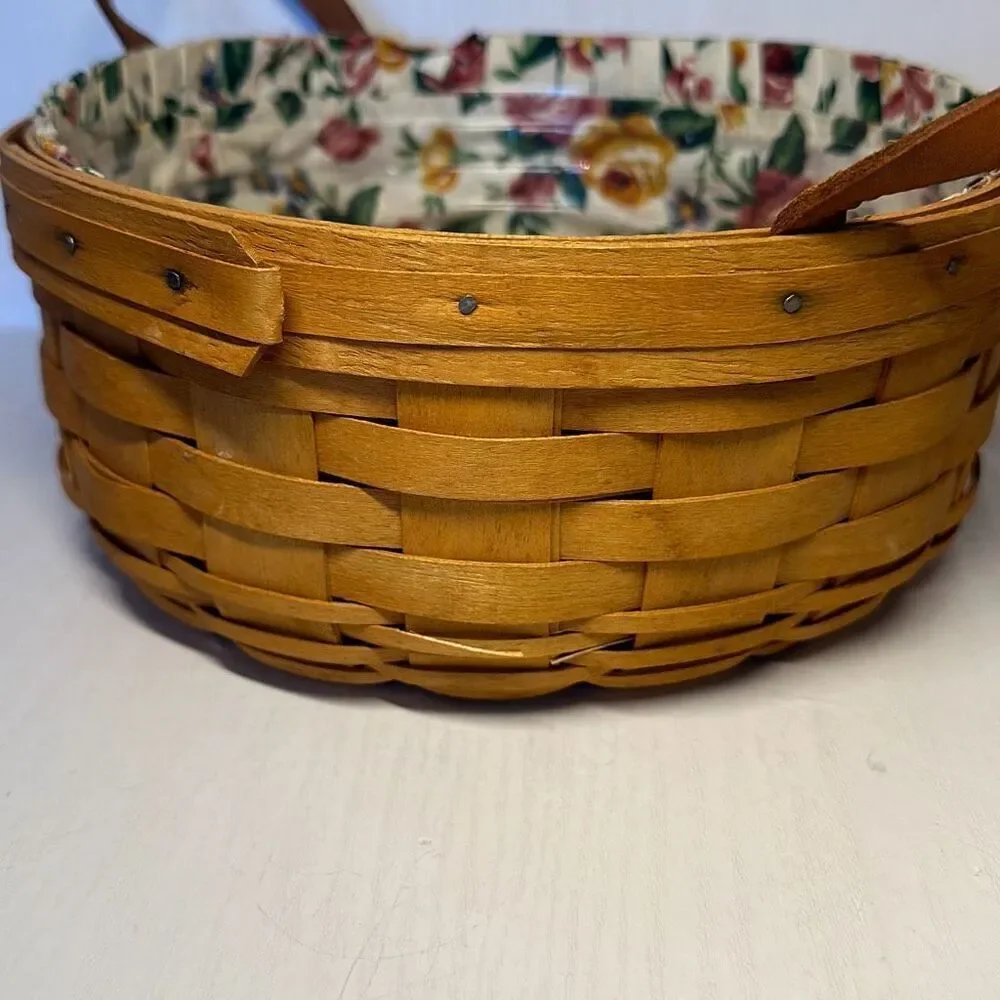 Longaberger Vintage Darning 1995 Round Basket‎ Leather Handles Floral Liner